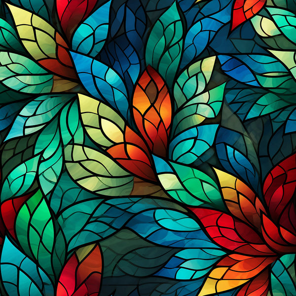 stained glass, christmas pattern,, fabric panel, jewel tones, emerald green, sapphire blue, ruby red, golden yellow, turquoise, geometric design, mosaic style, flowing leaves, organic shapes, vibrant colors, holiday fabric, decorative pattern, abstract botanical, rich hues, luminous effect