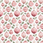 dusty rose, mauve, sage green, blush pink, burgundy, christmas ornaments, holiday, festive, winter, decorative baubles, striped ornaments, polka dot ornaments, floral ornaments, evergreen branches, pine needles, elegant, traditional, vintage, whimsical, seasonal, celebration, ornament pattern, festive decor, holiday themed, nursery, kids room, children's, decorative spheres, gold accents, sparkly