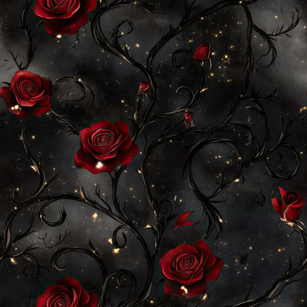 deep red roses, black background, gold lights, celestial, starry night, romantic, elegant, dark floral, vine scrolls, gothic rose, luxury, deep crimson, warm gold accents, night sky, ornate vines, curling branches, sophisticated, dark romantic, valentine, dramatic floral, rich jewel tones, moody aesthetic, enchanted garden, timeless elegance, noir floral, sparkle details, glowing lights, classic roses, dark fantasy