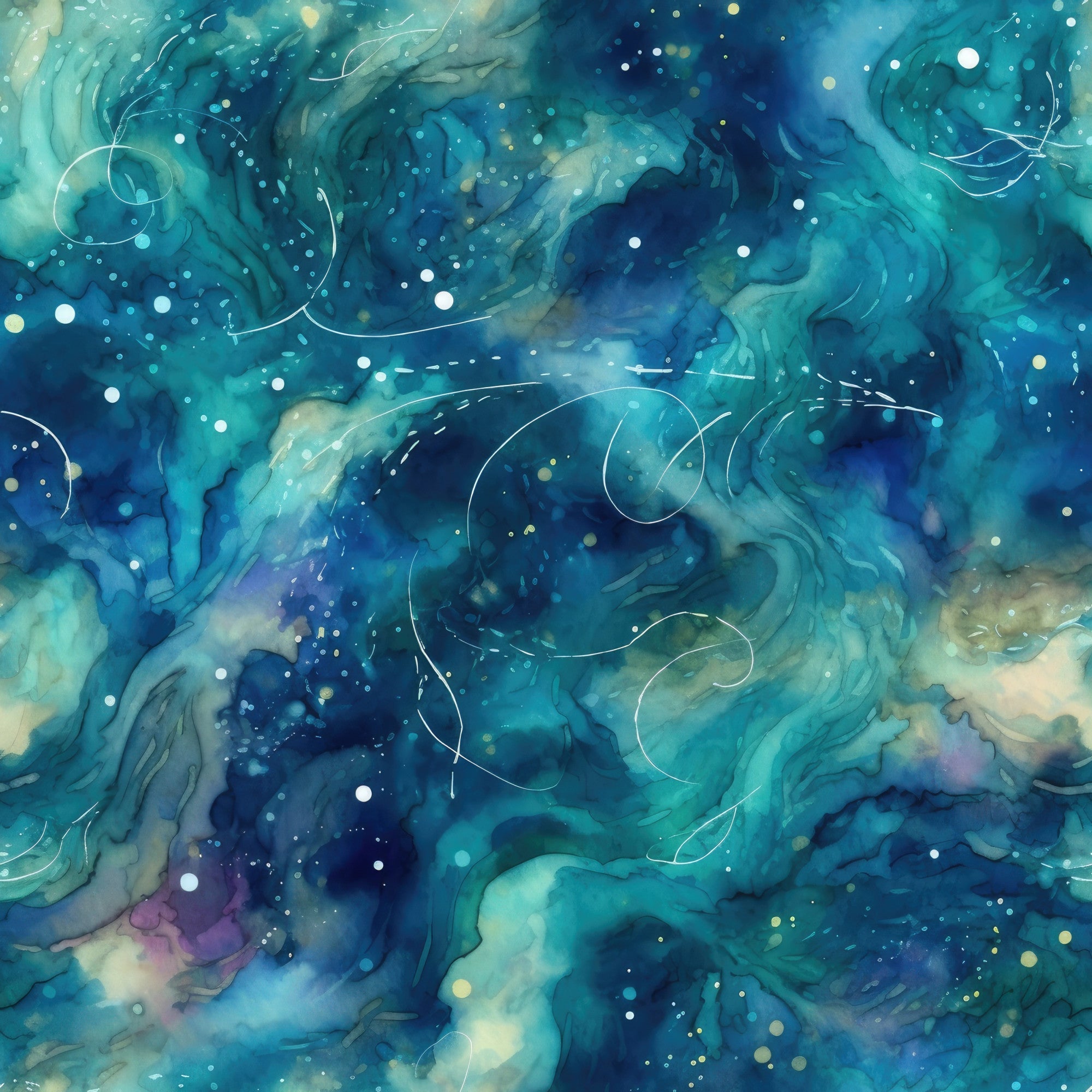 teal, turquoise, navy blue, deep blue, cream, yellow accents, swirling patterns, cosmic design, starry night, celestial motif, abstract swirls, dreamy atmosphere, watercolor effect, flowing movement,, fabric panel, night sky, stars, ethereal style, mystical theme
