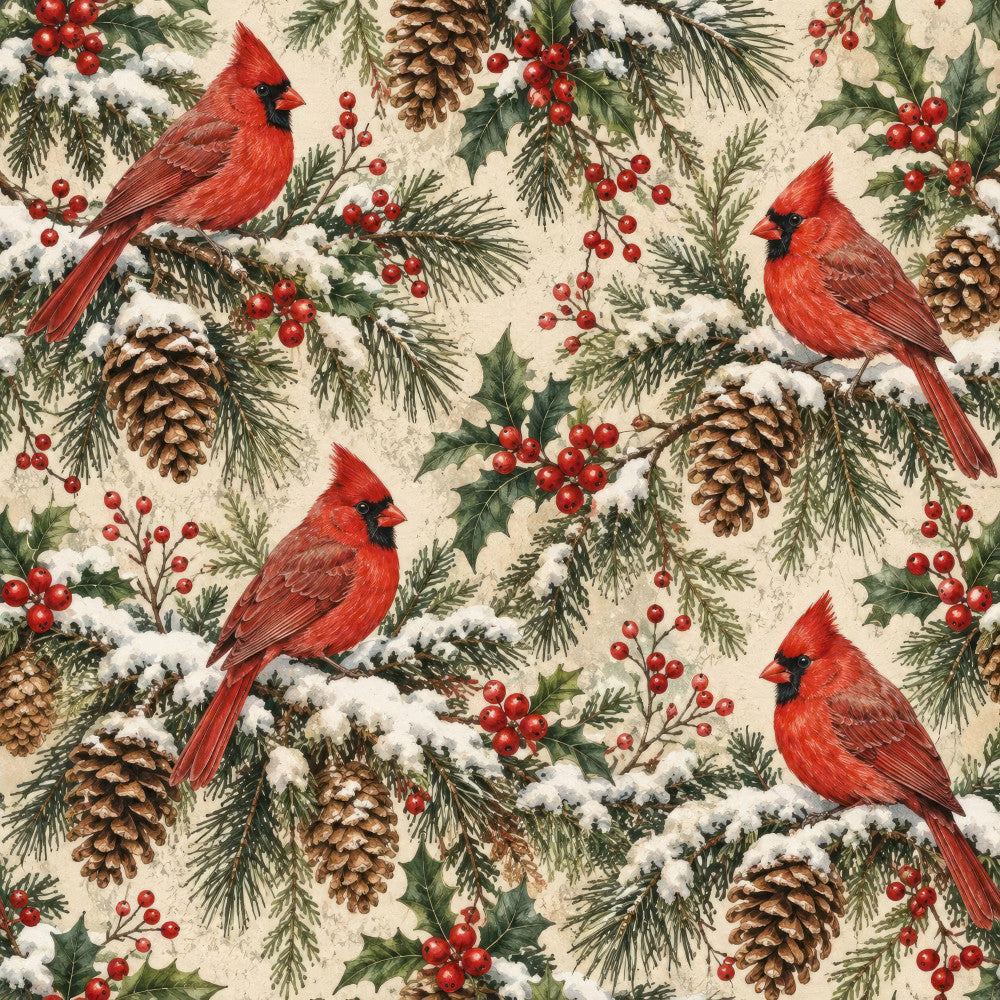 cardinal red, cream, forest green, holly green, burgundy red, snow white, winter wildlife, holiday, christmas, birds, cardinals, pinecones, berries, evergreen branches, snowy branches, traditional, rustic, elegant, festive, nature-inspired, winter, seasonal, home decor, cozy, woodland, nature motifs, red birds, holly berries, natural elements