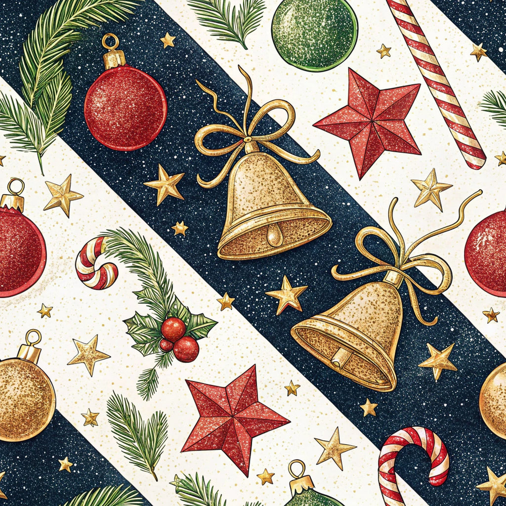 christmas ornaments, red ornaments, gold bells, green ornaments, candy canes, stars, pine branches, holly berries, navy blue background, cream background, diagonal stripes, festive pattern,, fabric panel, holiday theme, winter motifs, seasonal decorations, geometric stars, metallic accents, scattered design