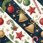 christmas ornaments, red ornaments, gold bells, green ornaments, candy canes, stars, pine branches, holly berries, navy blue background, cream background, diagonal stripes, festive pattern,, fabric panel, holiday theme, winter motifs, seasonal decorations, geometric stars, metallic accents, scattered design