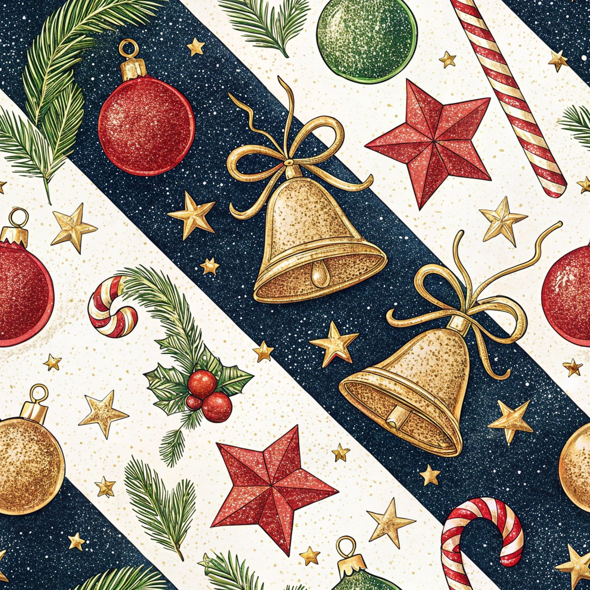 christmas ornaments, red ornaments, gold bells, green ornaments, candy canes, stars, pine branches, holly berries, navy blue background, cream background, diagonal stripes, festive pattern,, fabric panel, holiday theme, winter motifs, seasonal decorations, geometric stars, metallic accents, scattered design