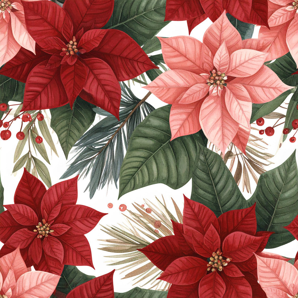 deep red poinsettia, coral pink poinsettia, forest green leaves, holiday floral, christmas flowers, festive botanical, evergreen branches, red berries, traditional holiday, elegant seasonal, nature-inspired, botanical print, winter florals, festive decor, holiday theme, seasonal design, deep red, coral pink, sage green, natural elements, poinsettia pattern, berry clusters, needle evergreen, christmas botanicals, holiday botanical, festive floral, traditional christmas, elegant holiday