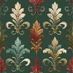 forest green, cream, ivory, gold, rust orange, red, dusty blue, sage green, damask, floral, ornamental, baroque, victorian, classic, elegant, traditional, vintage, acanthus leaves, scrollwork, palmate motifs, symmetrical pattern, botanical, home decor, upholstery, timeless, ornate, luxe, formal