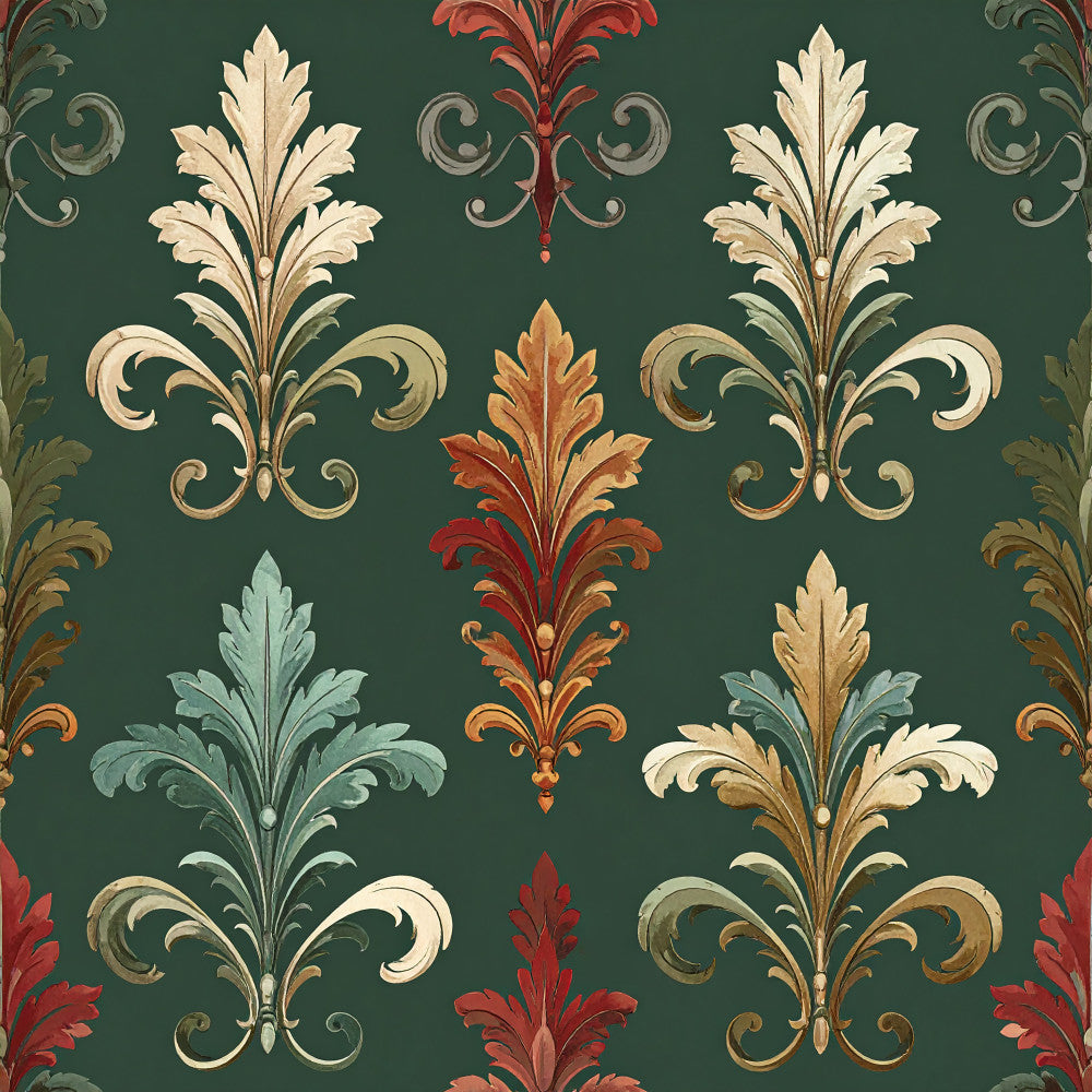 forest green, cream, ivory, gold, rust orange, red, dusty blue, sage green, damask, floral, ornamental, baroque, victorian, classic, elegant, traditional, vintage, acanthus leaves, scrollwork, palmate motifs, symmetrical pattern, botanical, home decor, upholstery, timeless, ornate, luxe, formal