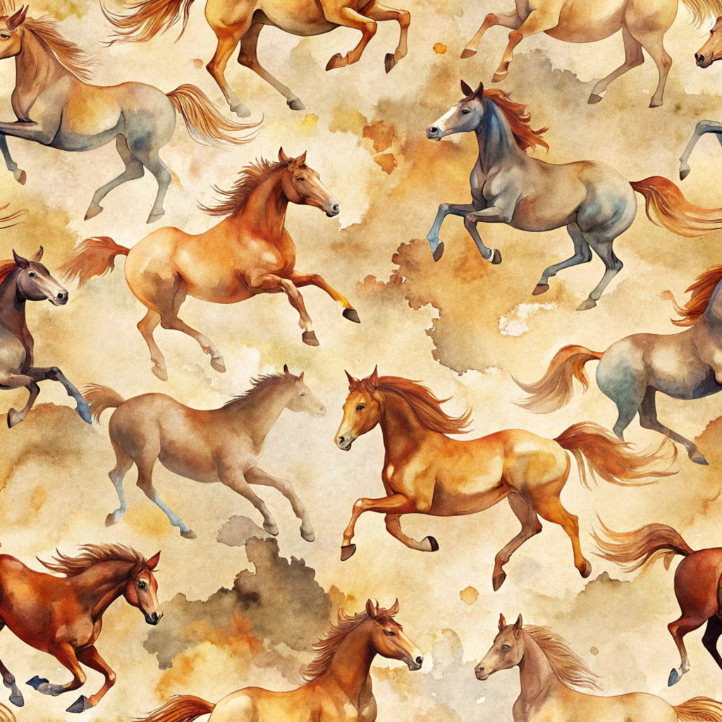 wild horses, running horses, watercolor style, brown tones, cream background, orange hues, gray accents, seamless pattern, galloping motion, flowing manes, equestrian theme, rustic colors, painterly effect, western motif,, fabric panel, earth tones, dynamic movement, horse silhouettes, artistic illustration
