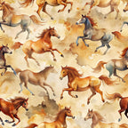 wild horses, running horses, watercolor style, brown tones, cream background, orange hues, gray accents, seamless pattern, galloping motion, flowing manes, equestrian theme, rustic colors, painterly effect, western motif,, fabric panel, earth tones, dynamic movement, horse silhouettes, artistic illustration