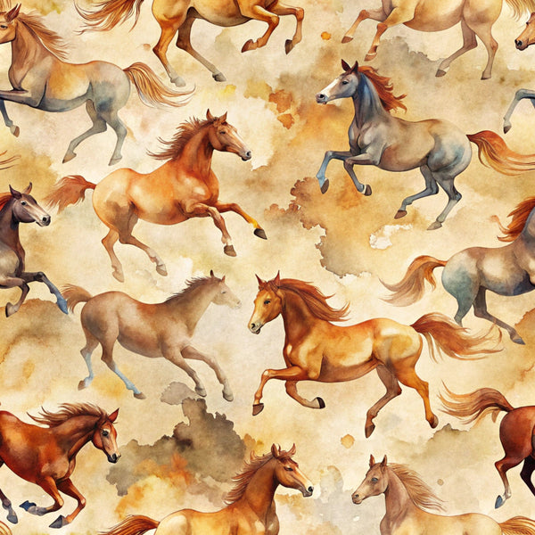wild horses, running horses, watercolor style, brown tones, cream background, orange hues, gray accents, seamless pattern, galloping motion, flowing manes, equestrian theme, rustic colors, painterly effect, western motif,, fabric panel, earth tones, dynamic movement, horse silhouettes, artistic illustration