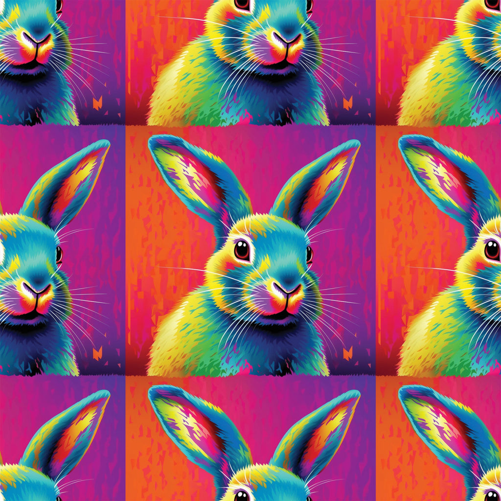 rabbit, bunny, pop art, neon colors, bright pink, electric blue, yellow, orange, purple, vibrant, psychedelic, rainbow colors, animal portrait, repeating pattern,, fabric panel, modern art style, colorful animals, geometric grid, digital art