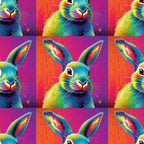 rabbit, bunny, pop art, neon colors, bright pink, electric blue, yellow, orange, purple, vibrant, psychedelic, rainbow colors, animal portrait, repeating pattern,, fabric panel, modern art style, colorful animals, geometric grid, digital art