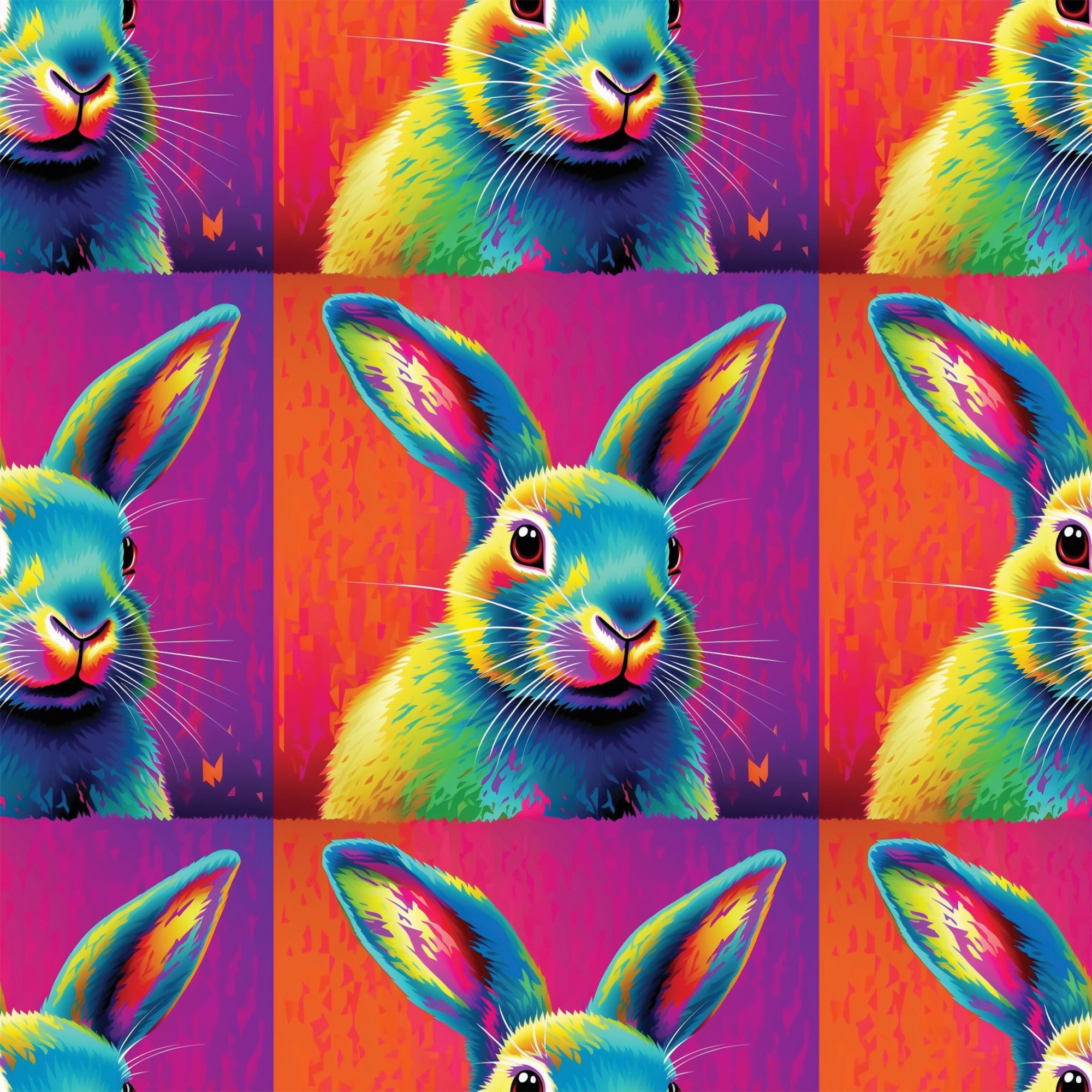 rabbit, bunny, pop art, neon colors, bright pink, electric blue, yellow, orange, purple, vibrant, psychedelic, rainbow colors, animal portrait, repeating pattern,, fabric panel, modern art style, colorful animals, geometric grid, digital art