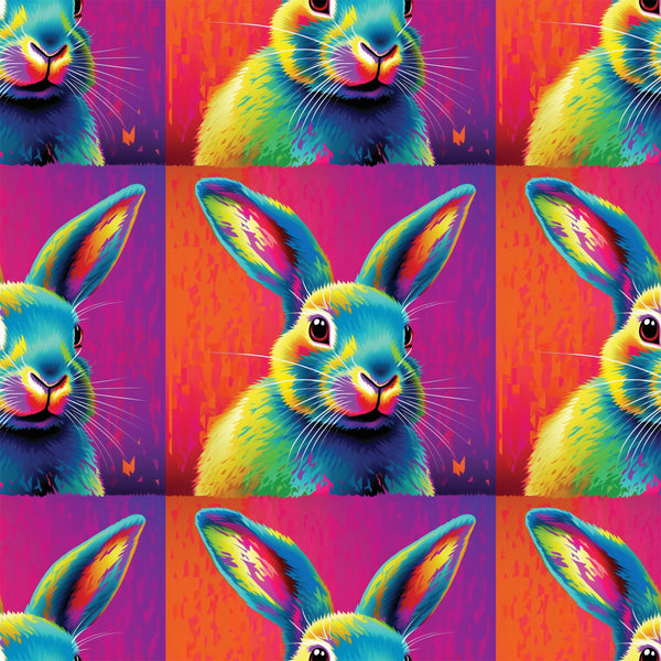 rabbit, bunny, pop art, neon colors, bright pink, electric blue, yellow, orange, purple, vibrant, psychedelic, rainbow colors, animal portrait, repeating pattern,, fabric panel, modern art style, colorful animals, geometric grid, digital art
