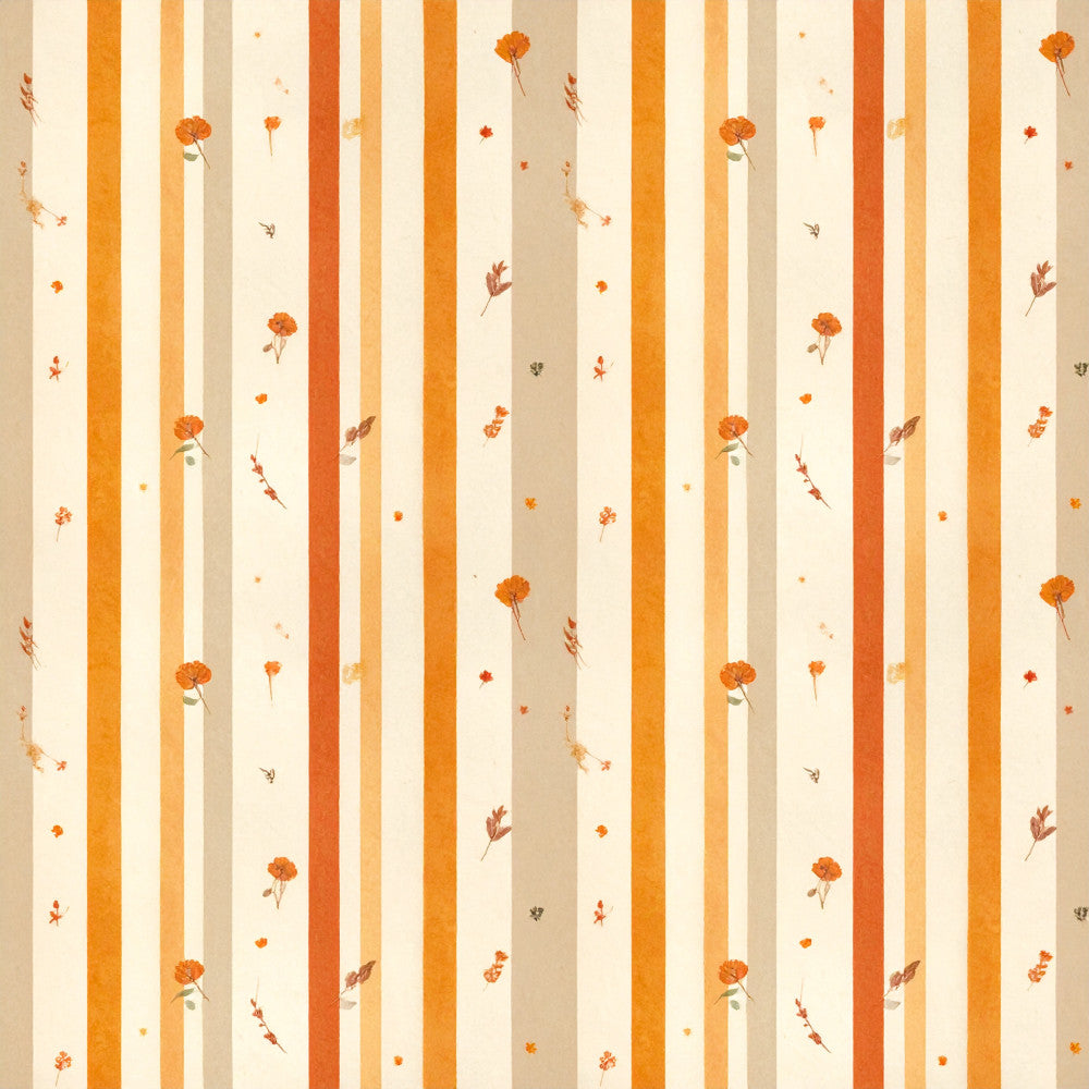 orange striped, cream background, burnt orange, golden yellow, tan stripes, floral pattern, wildflower design, delicate flowers, autumn themed, fall colors, botanical print, nature inspired, vintage style, rustic charm, whimsical florals, scattered blooms, small flowers, pressed flowers, traditional design, warm tones, earthy colors, seasonal decor, autumn aesthetic, nursery fabric, kids room decor, baby shower, decorative panel, home decor, timeless pattern