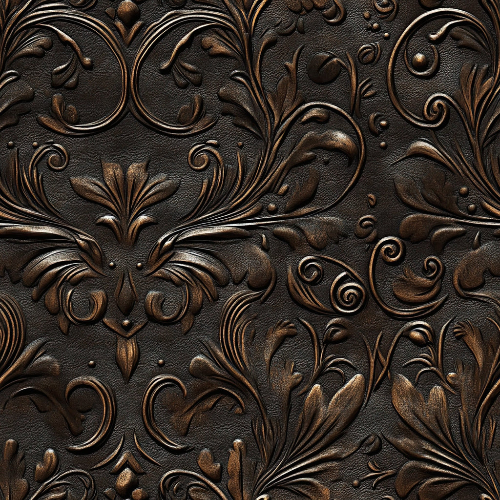 embossed leather, tooled leather, western motifs, floral scrollwork, ornate swirls, bronze finish, dark brown, copper highlights, dimensional texture, raised relief, decorative flourishes, botanical elements, curved designs, metallic accents, intricate patterns, saddle leather, cowboy style, rustic elegance,, fabric panel