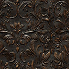 embossed leather, tooled leather, western motifs, floral scrollwork, ornate swirls, bronze finish, dark brown, copper highlights, dimensional texture, raised relief, decorative flourishes, botanical elements, curved designs, metallic accents, intricate patterns, saddle leather, cowboy style, rustic elegance,, fabric panel