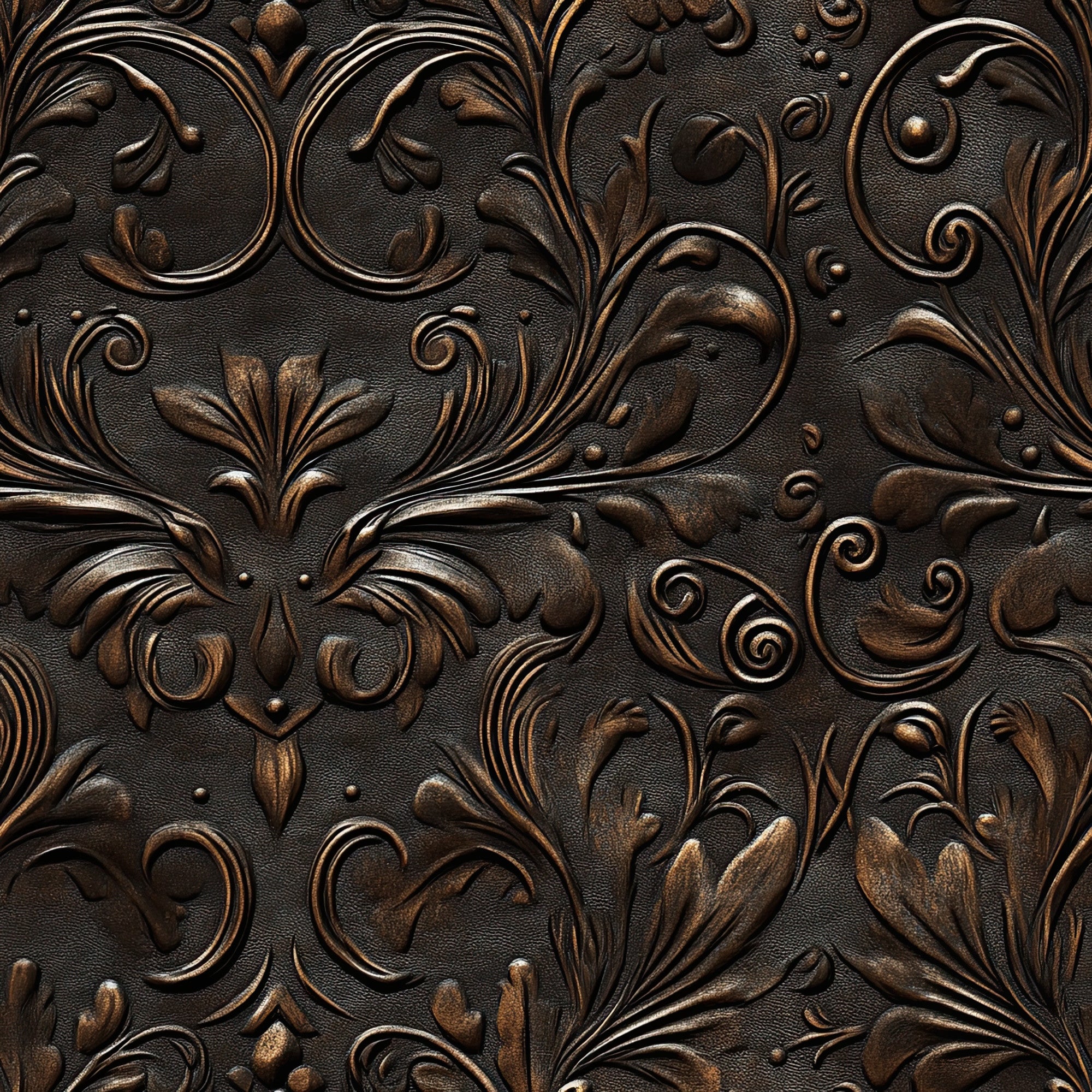 embossed leather, tooled leather, western motifs, floral scrollwork, ornate swirls, bronze finish, dark brown, copper highlights, dimensional texture, raised relief, decorative flourishes, botanical elements, curved designs, metallic accents, intricate patterns, saddle leather, cowboy style, rustic elegance,, fabric panel