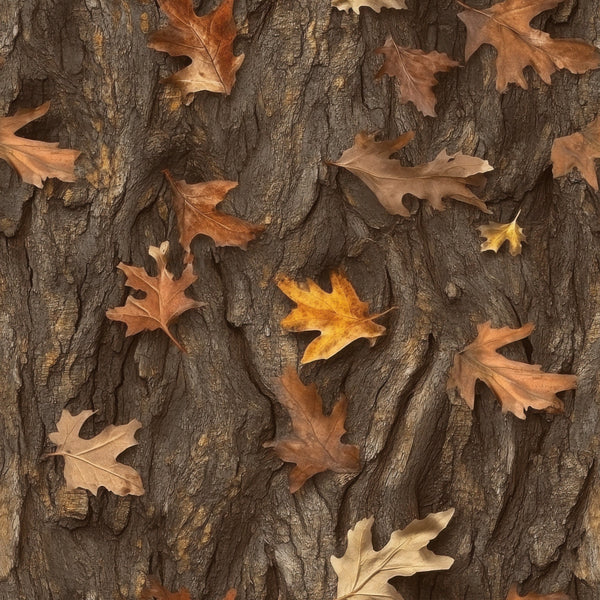 autumn leaves, oak leaves, tree bark, brown, tan, golden yellow, orange, russet, camouflage pattern, realistic hunting, woodland camo, nature scene, fall foliage,, fabric panel, outdoor theme, hunting motif, bark texture, leaf scatter, seasonal autumn