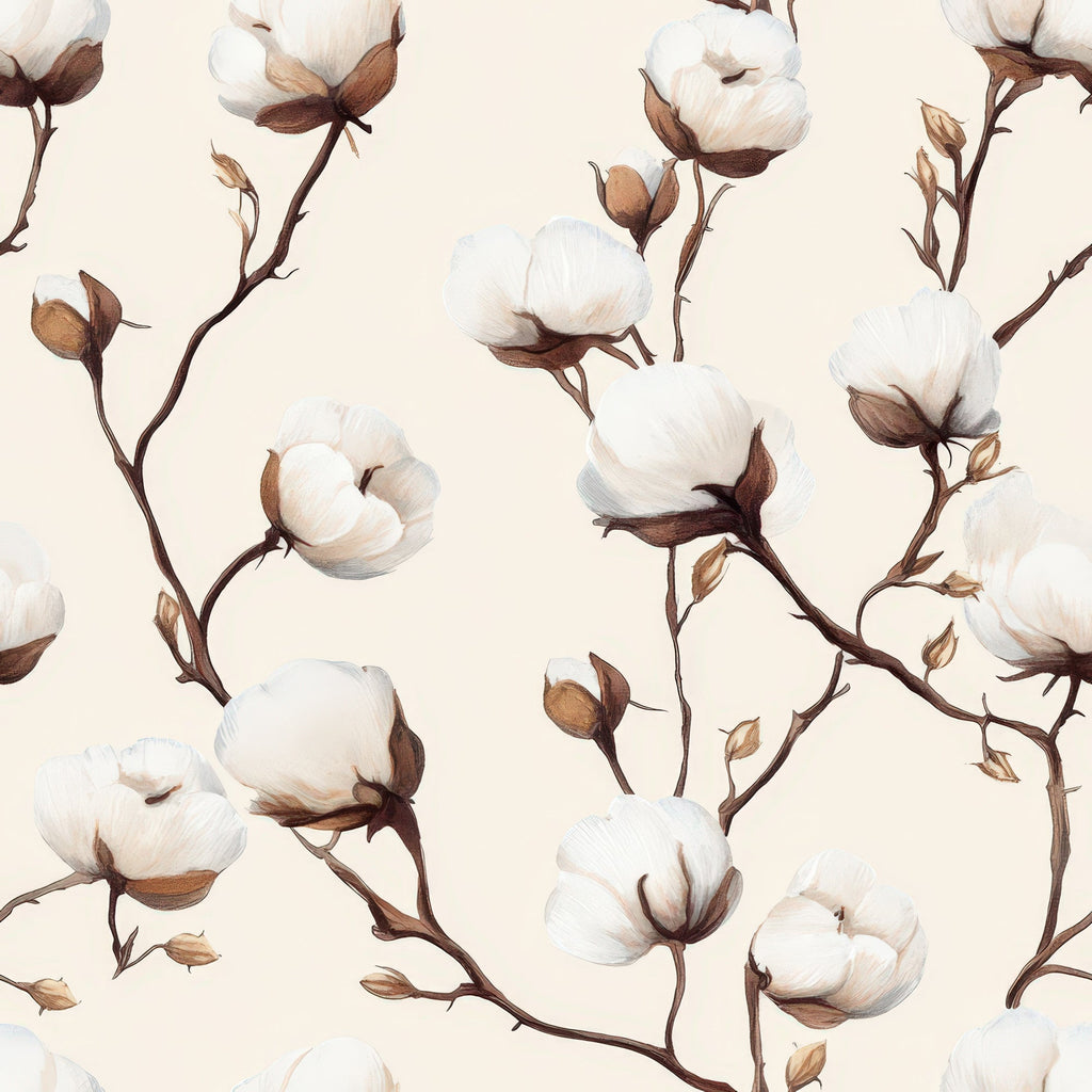 cream background, cotton bolls, botanical pattern, brown stems, white flowers, beige tones, natural motif, plant illustration, soft palette,, fabric panel, organic design, floral branches, neutral colors, farmhouse style, cotton plant, delicate artwork, repeating pattern, nature inspired, textile design