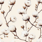 cream background, cotton bolls, botanical pattern, brown stems, white flowers, beige tones, natural motif, plant illustration, soft palette,, fabric panel, organic design, floral branches, neutral colors, farmhouse style, cotton plant, delicate artwork, repeating pattern, nature inspired, textile design