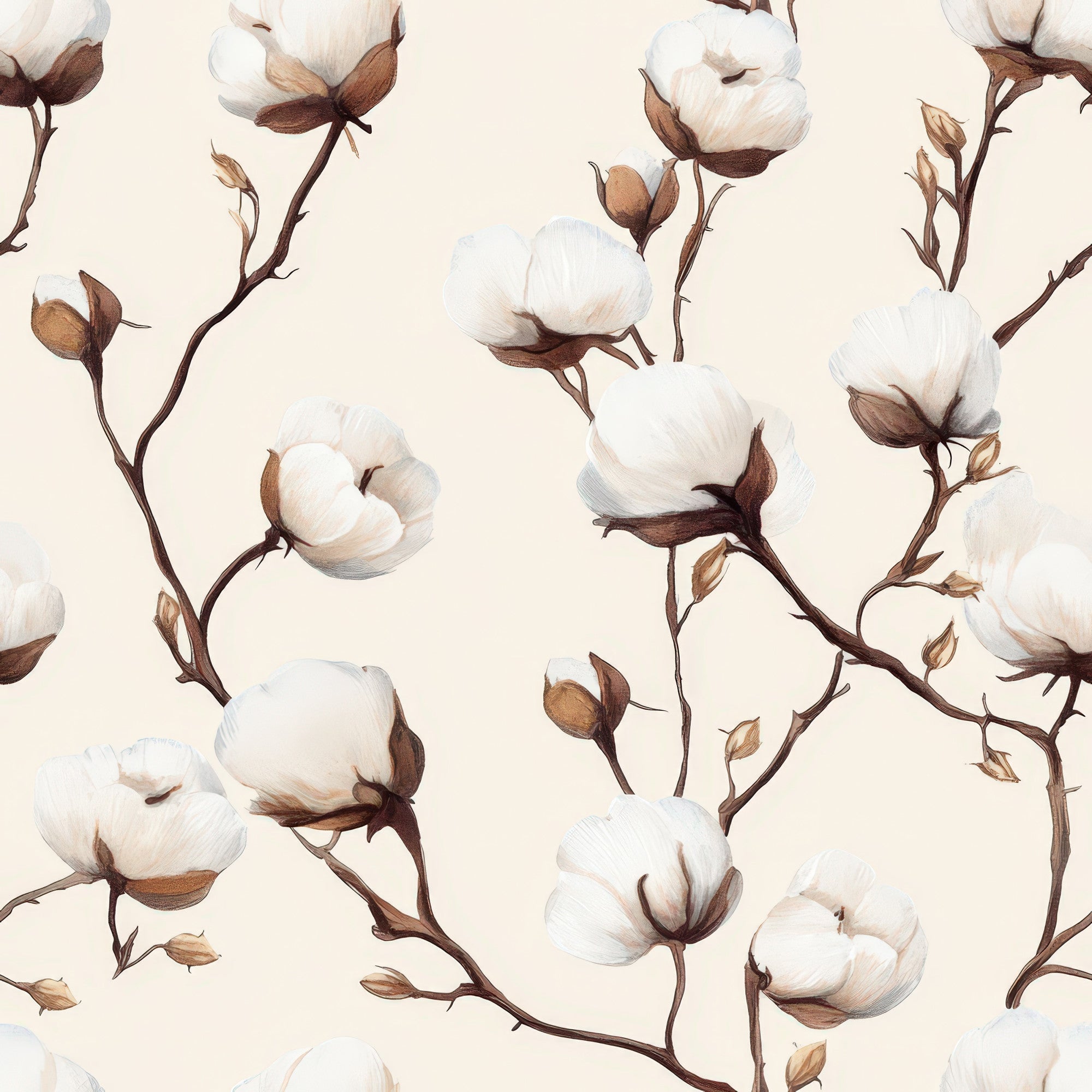 cream background, cotton bolls, botanical pattern, brown stems, white flowers, beige tones, natural motif, plant illustration, soft palette,, fabric panel, organic design, floral branches, neutral colors, farmhouse style, cotton plant, delicate artwork, repeating pattern, nature inspired, textile design