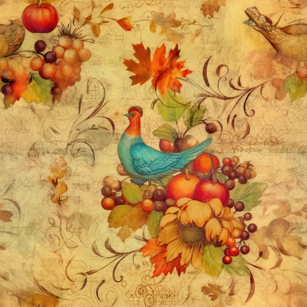autumn harvest, fall colors, warm gold, burnt orange, terracotta, cream beige, teal blue, rust red, vintage botanical, nature themed, bird motif, rooster, apples, grapes, sunflowers, maple leaves, fall foliage, whimsical, rustic, farmhouse style, country, seasonal decor, harvest theme, woodland creatures, traditional, ornate scrollwork, autumn aesthetic, home decor, decorative arts