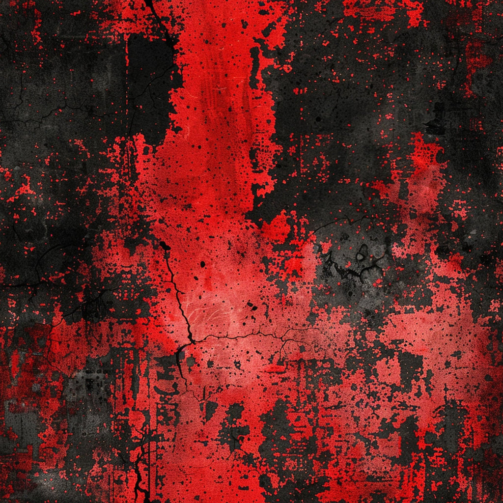 red, black, grunge, distressed, abstract, splatter, cracked, weathered, cotton fabric, quilting panel, textured, vintage, worn, paint splashes, dark background, crimson, scarlet, urban style, edgy, contemporary