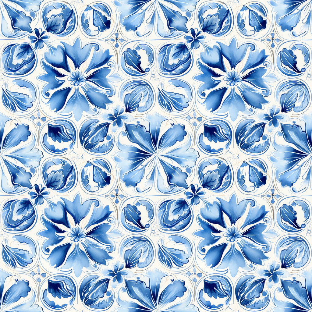 blue, white, handpainted, tiles, floral motifs, portuguese azulejo, mediterranean style, decorative flowers, ceramic inspired, geometric pattern, ornate design,, fabric panel, botanical elements, vintage style, repeating pattern, delft blue, watercolor effect, european tiles, craft fabric