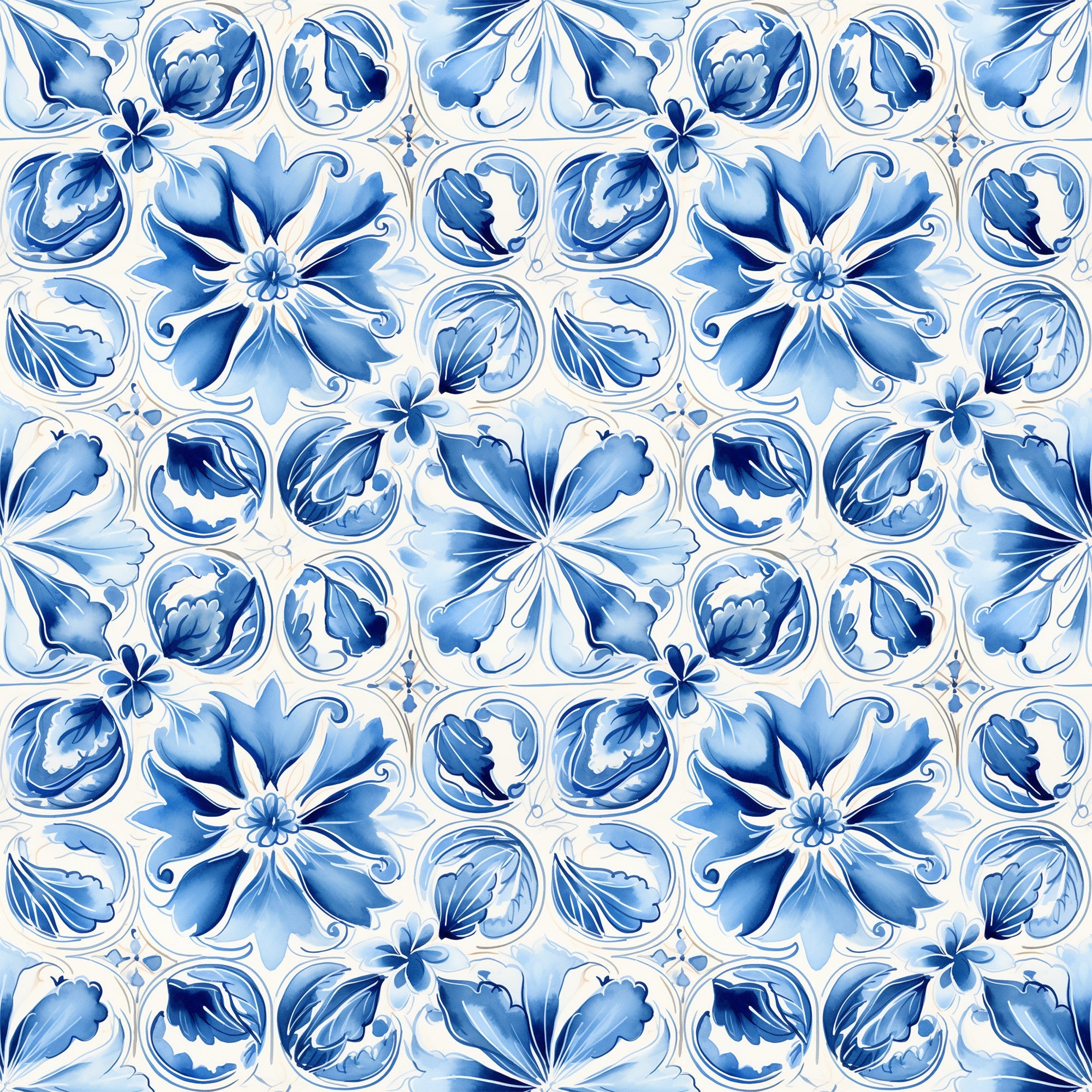 blue, white, handpainted, tiles, floral motifs, portuguese azulejo, mediterranean style, decorative flowers, ceramic inspired, geometric pattern, ornate design,, fabric panel, botanical elements, vintage style, repeating pattern, delft blue, watercolor effect, european tiles, craft fabric