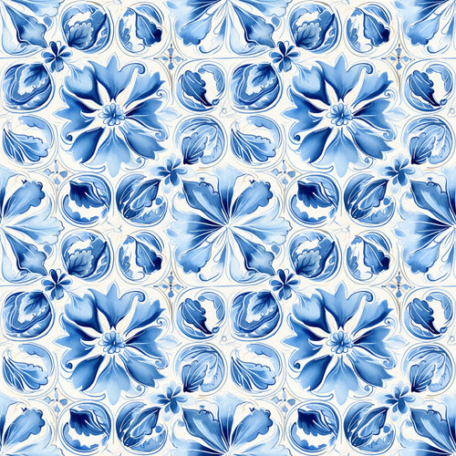 blue, white, handpainted, tiles, floral motifs, portuguese azulejo, mediterranean style, decorative flowers, ceramic inspired, geometric pattern, ornate design,, fabric panel, botanical elements, vintage style, repeating pattern, delft blue, watercolor effect, european tiles, craft fabric