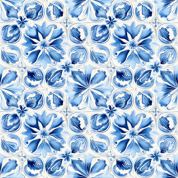 blue, white, handpainted, tiles, floral motifs, portuguese azulejo, mediterranean style, decorative flowers, ceramic inspired, geometric pattern, ornate design,, fabric panel, botanical elements, vintage style, repeating pattern, delft blue, watercolor effect, european tiles, craft fabric