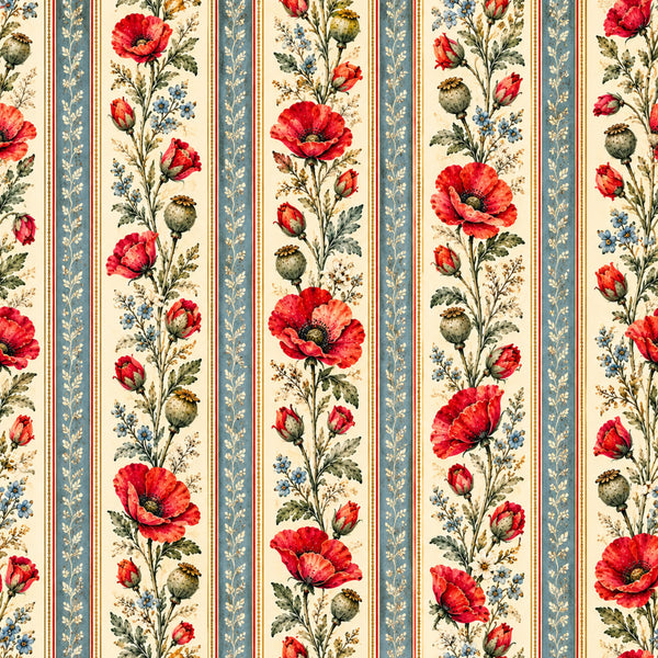 red poppies, cream background, slate blue, vintage floral, striped pattern, botanical, nature-inspired, elegant, traditional, romantic, cottage core, poppy flowers, small florals, buds and blooms, gold accents, spring flowers, garden flowers, timeless, classic, heirloom, delicate florals, multi-colored flowers, red and blue, nursery decor, quilt backing, home décor, victorian style, heritage print