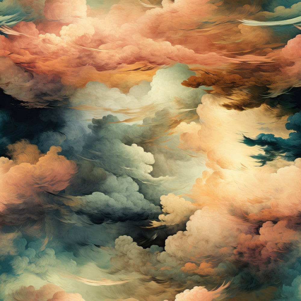 peach, coral pink, cream, ivory, soft white, sage green, teal, warm gold, golden orange, rust, abstract, clouds, dreamy, celestial, sky, heavenly, whimsical, ethereal, romantic, soft, gentle, pastel, watercolor, impressionist, nature, serene, peaceful, calming, sunset, sunrise