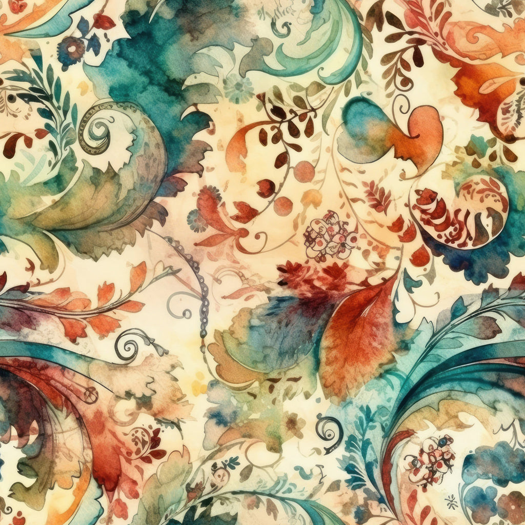 watercolor florals, teal blue, coral orange, cream background, flowing vines, botanical motifs, paisley swirls, ornate scrollwork, ethereal blending, dreamy atmosphere,, fabric panel, nature inspired, organic curves, delicate leaves, artistic blooms, fluid design, soft pastels, decorative flourishes, whimsical patterns