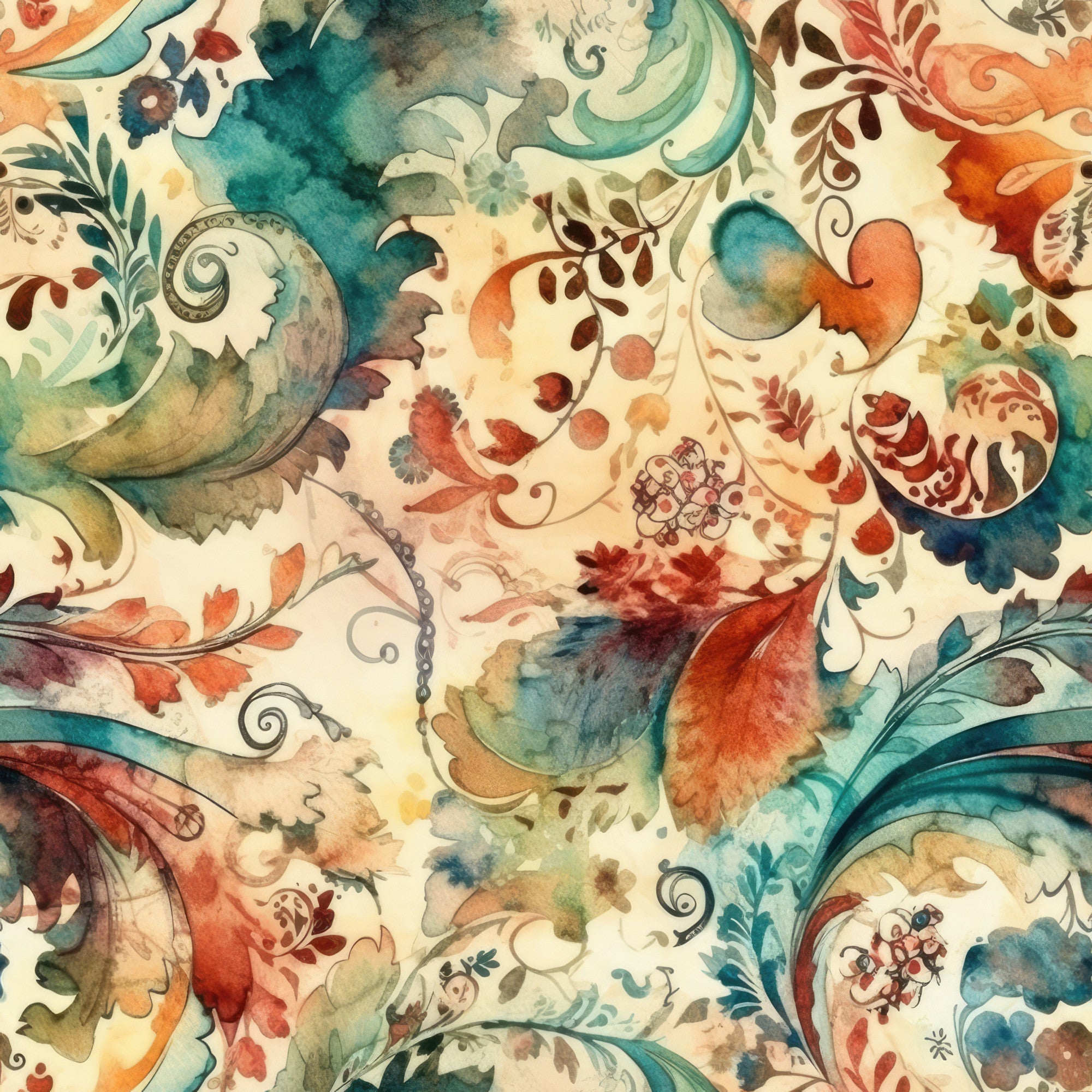 watercolor florals, teal blue, coral orange, cream background, flowing vines, botanical motifs, paisley swirls, ornate scrollwork, ethereal blending, dreamy atmosphere,, fabric panel, nature inspired, organic curves, delicate leaves, artistic blooms, fluid design, soft pastels, decorative flourishes, whimsical patterns