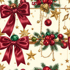 burgundy red, gold, cream, forest green, emerald green, deep red, metallic gold, christmas, holiday, festive, bows, ribbons, ornaments, baubles, stars, pearls, beads, garland, pine branches, evergreen, elegant, traditional, vintage, decorative, seasonal, winter, celebration, gift wrap inspired, formal, luxurious