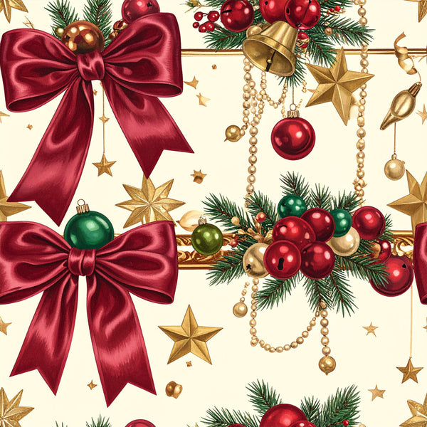burgundy red, gold, cream, forest green, emerald green, deep red, metallic gold, christmas, holiday, festive, bows, ribbons, ornaments, baubles, stars, pearls, beads, garland, pine branches, evergreen, elegant, traditional, vintage, decorative, seasonal, winter, celebration, gift wrap inspired, formal, luxurious