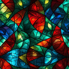 stained glass, christmas,, fabric panel, red, green, blue, turquoise, yellow, orange, geometric pattern, mosaic design, abstract leaves, holiday fabric, jewel tones, vibrant colors, decorative glass, seasonal motif, crafting material, patchwork fabric