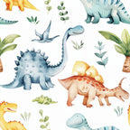 watercolor dinosaurs,, fabric panel, blue dinosaurs, yellow dinosaurs, orange dinosaurs, green foliage, botanical elements, children's fabric, prehistoric animals, stegosaurus, brontosaurus, pterodactyl, soft pastels, whimsical illustration, nursery fabric, kid's quilting, watercolor art style, seamless pattern, craft fabric