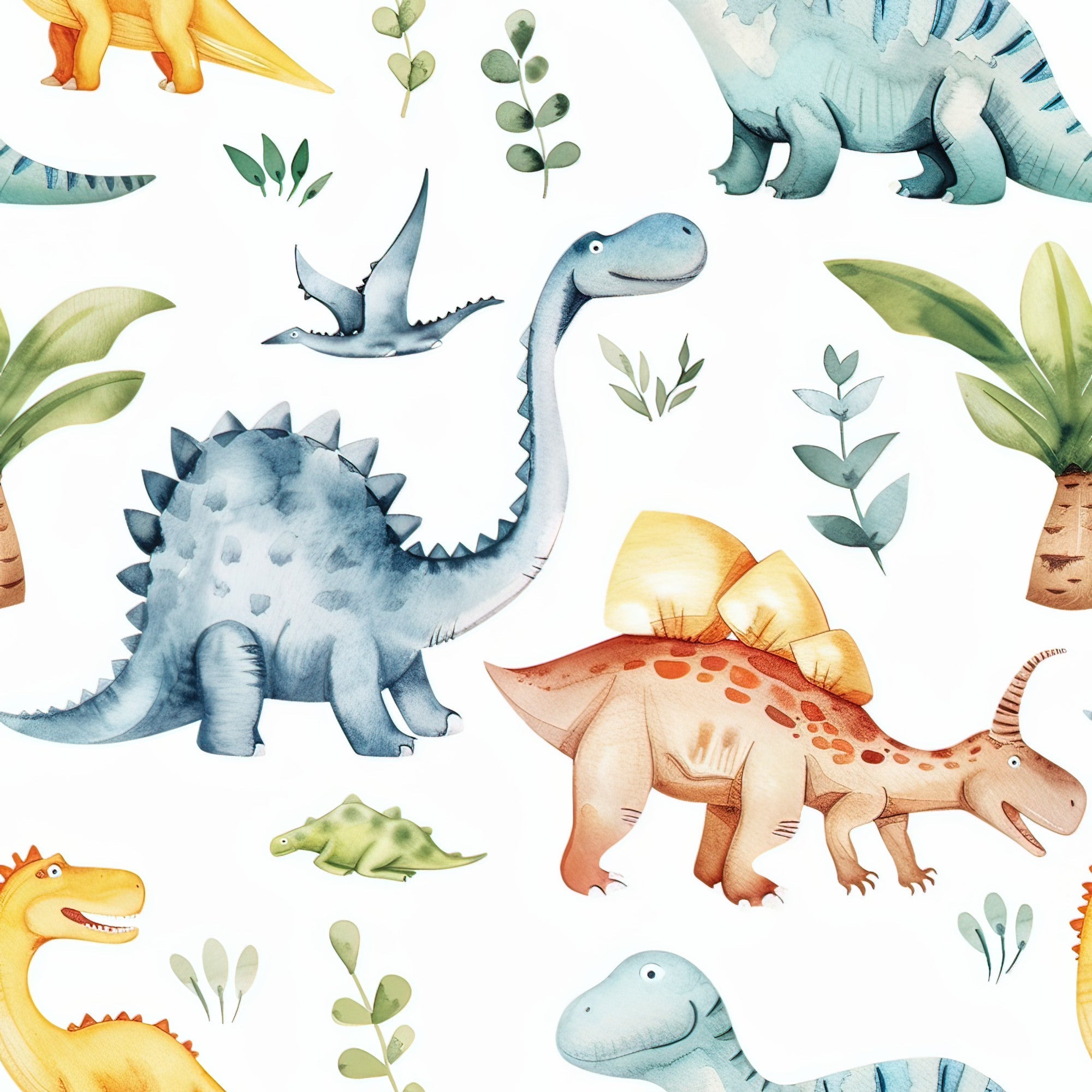 watercolor dinosaurs,, fabric panel, blue dinosaurs, yellow dinosaurs, orange dinosaurs, green foliage, botanical elements, children's fabric, prehistoric animals, stegosaurus, brontosaurus, pterodactyl, soft pastels, whimsical illustration, nursery fabric, kid's quilting, watercolor art style, seamless pattern, craft fabric