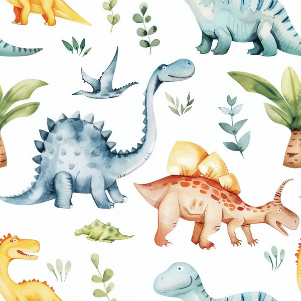 watercolor dinosaurs,, fabric panel, blue dinosaurs, yellow dinosaurs, orange dinosaurs, green foliage, botanical elements, children's fabric, prehistoric animals, stegosaurus, brontosaurus, pterodactyl, soft pastels, whimsical illustration, nursery fabric, kid's quilting, watercolor art style, seamless pattern, craft fabric