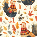 autumn leaves, fall colors, burnt orange, rust orange, golden yellow, cream, navy blue, red plaid, checkered pattern, striped scarf, whimsical birds, chickens, roosters, nature themed, fall foliage, seasonal, autumn, harvest, rustic, playful, children's design, kids room, nursery, farmhouse style, woodland animals, striped legs, cozy fall, autumn celebration
