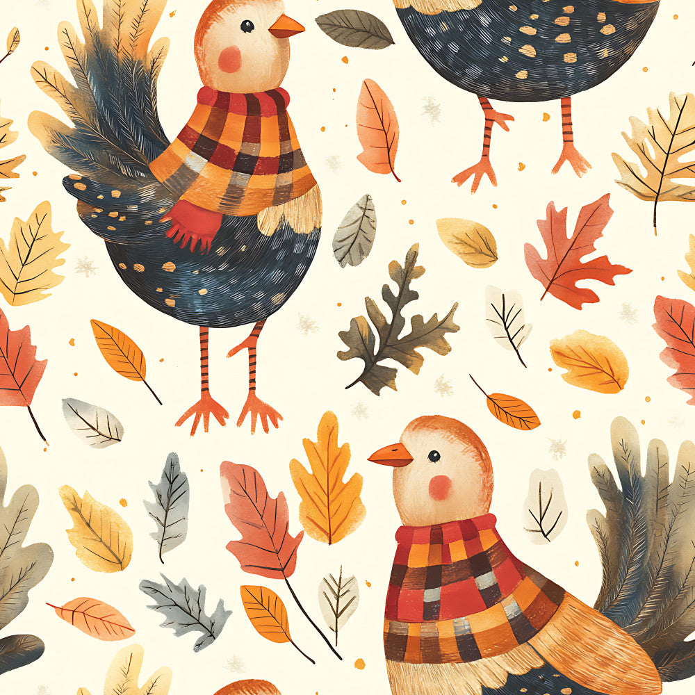 autumn leaves, fall colors, burnt orange, rust orange, golden yellow, cream, navy blue, red plaid, checkered pattern, striped scarf, whimsical birds, chickens, roosters, nature themed, fall foliage, seasonal, autumn, harvest, rustic, playful, children's design, kids room, nursery, farmhouse style, woodland animals, striped legs, cozy fall, autumn celebration