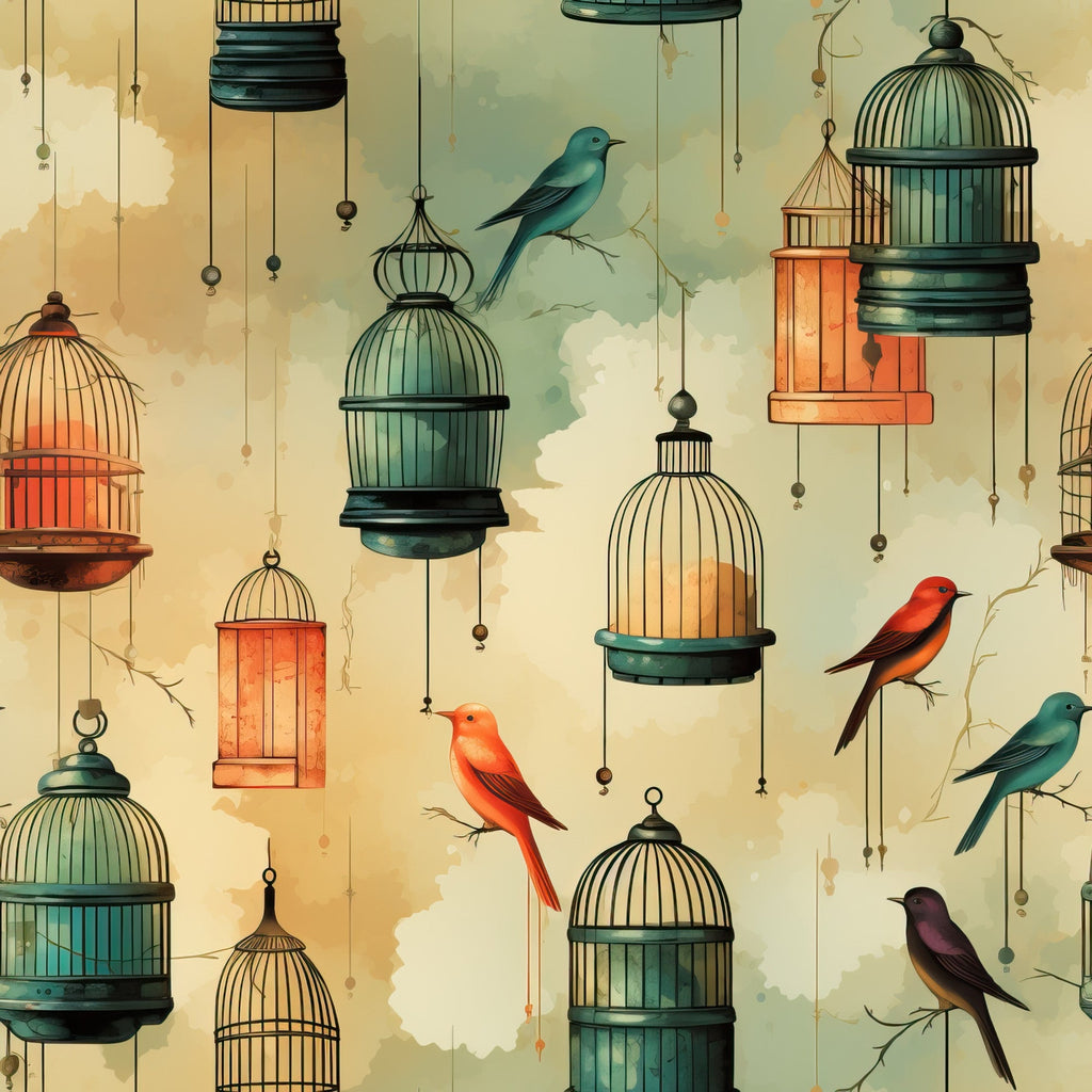 vintage birdcages, colorful birds, hanging cages, teal, orange, coral, cream background, whimsical illustration,, fabric panel, decorative chains, ornate cages, multiple birds, artistic pattern, soft pastels, detailed artwork, nature motif, craft fabric, sewing material