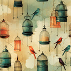 vintage birdcages, colorful birds, hanging cages, teal, orange, coral, cream background, whimsical illustration,, fabric panel, decorative chains, ornate cages, multiple birds, artistic pattern, soft pastels, detailed artwork, nature motif, craft fabric, sewing material
