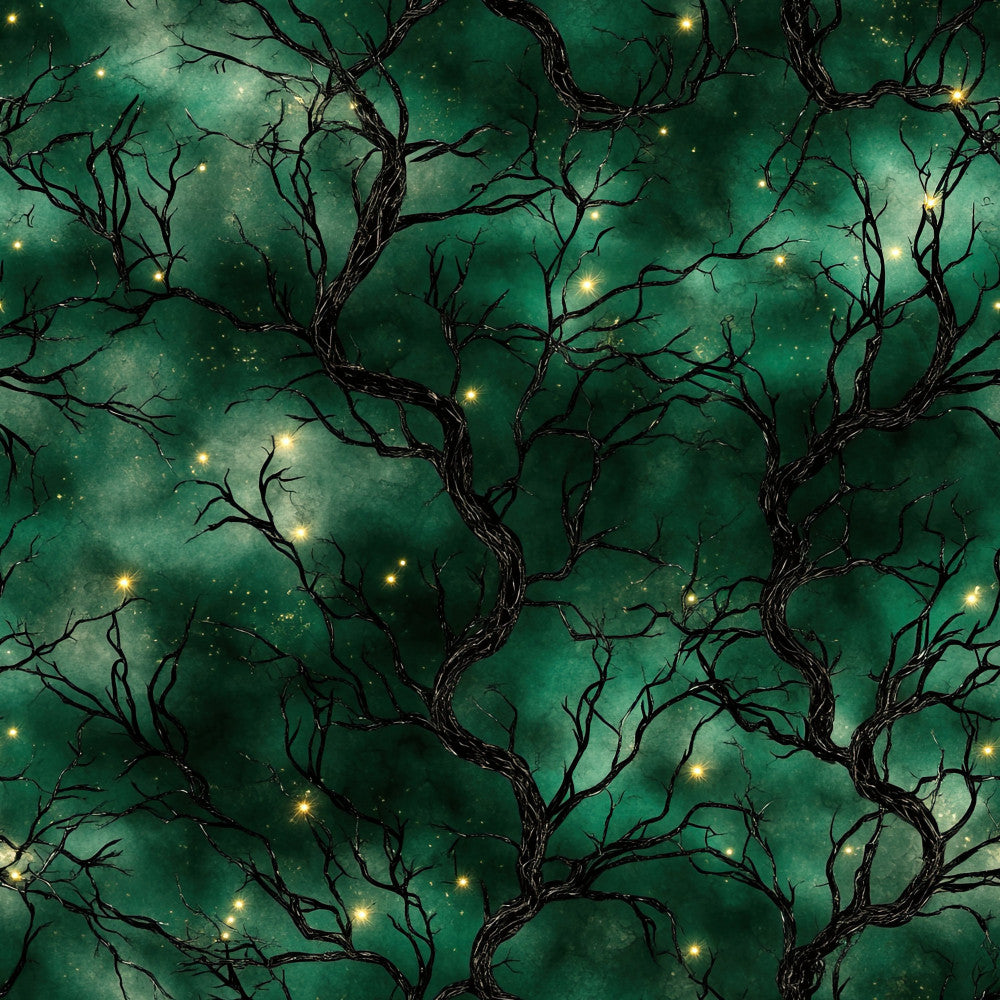 forest green, emerald green, dark green, teal green, gold lights, golden yellow, starry, celestial, night sky, bare branches, tree branches, glow-in-the-dark, magical, mystical, enchanted, whimsical, fantasy, nature, woodland, ethereal, dreamy, nighttime, stars, sparkly, shimmering, elegant, gothic, dark academia, nursery, baby blanket