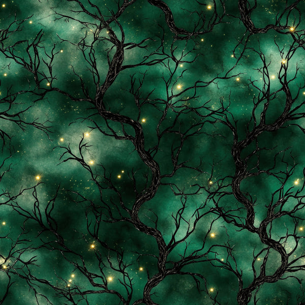 forest green, emerald green, dark green, teal green, gold lights, golden yellow, starry, celestial, night sky, bare branches, tree branches, glow-in-the-dark, magical, mystical, enchanted, whimsical, fantasy, nature, woodland, ethereal, dreamy, nighttime, stars, sparkly, shimmering, elegant, gothic, dark academia, nursery, baby blanket