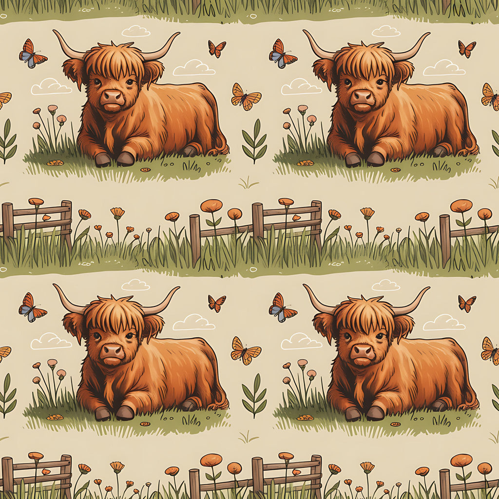 highland cows, cartoon style, orange brown, russet, cream background, pastoral scene, butterflies, wooden fence, wildflowers, grass, clouds,, fabric panel, farm animals, countryside, whimsical illustration, repeating pattern, bovine, meadow scene, nature motifs
