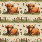 highland cows, cartoon style, orange brown, russet, cream background, pastoral scene, butterflies, wooden fence, wildflowers, grass, clouds,, fabric panel, farm animals, countryside, whimsical illustration, repeating pattern, bovine, meadow scene, nature motifs